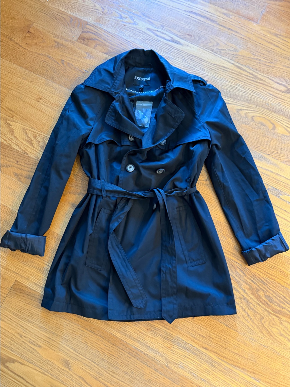 Express Women’s Black Double-Breasted Trench Coat with Tie - NWT